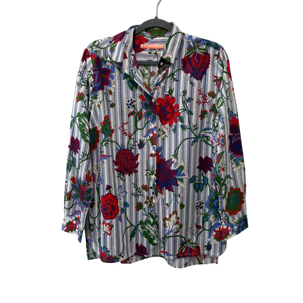 Vilagallo Floral Striped Button Down Shirt Womens 44 Large Blue Red Cotton Artsy